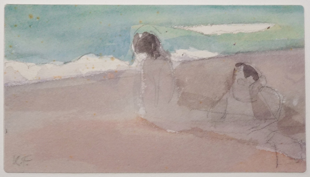 Kees Franse, Aquarel, Strand met enkele figuren, Gesigneerd verkocht voor € 40!