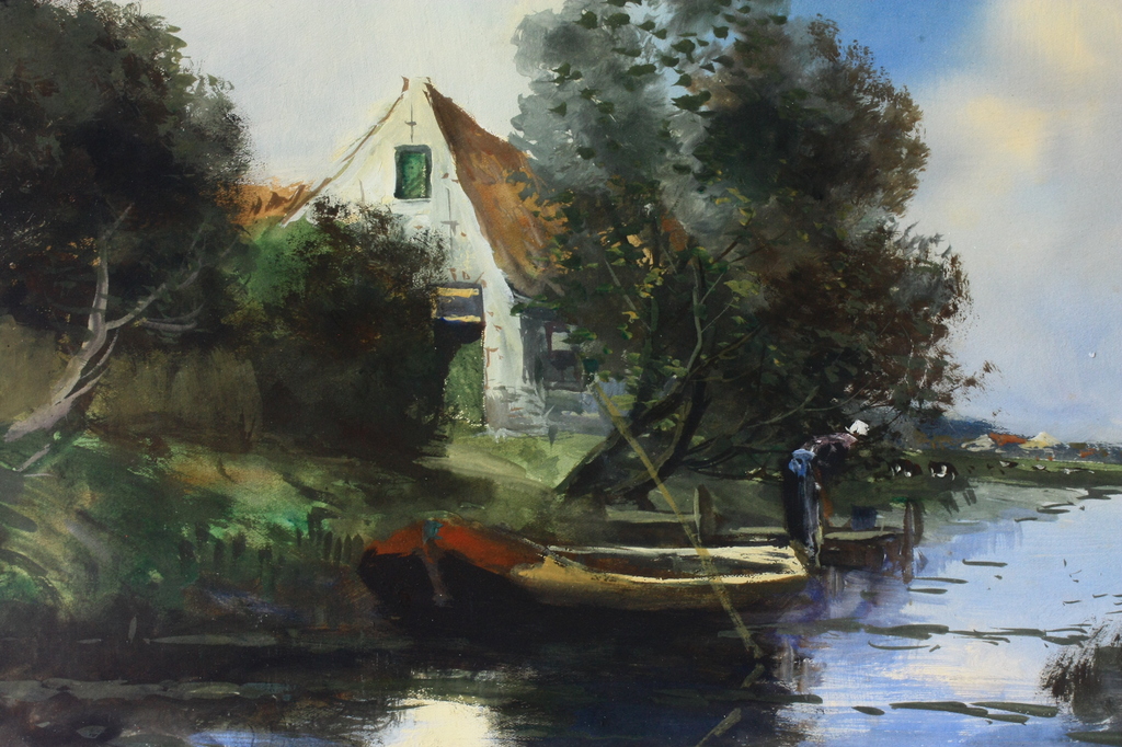 Adriaan Terhell, Aquarel, Schuit bij steiger verkocht voor € 200!