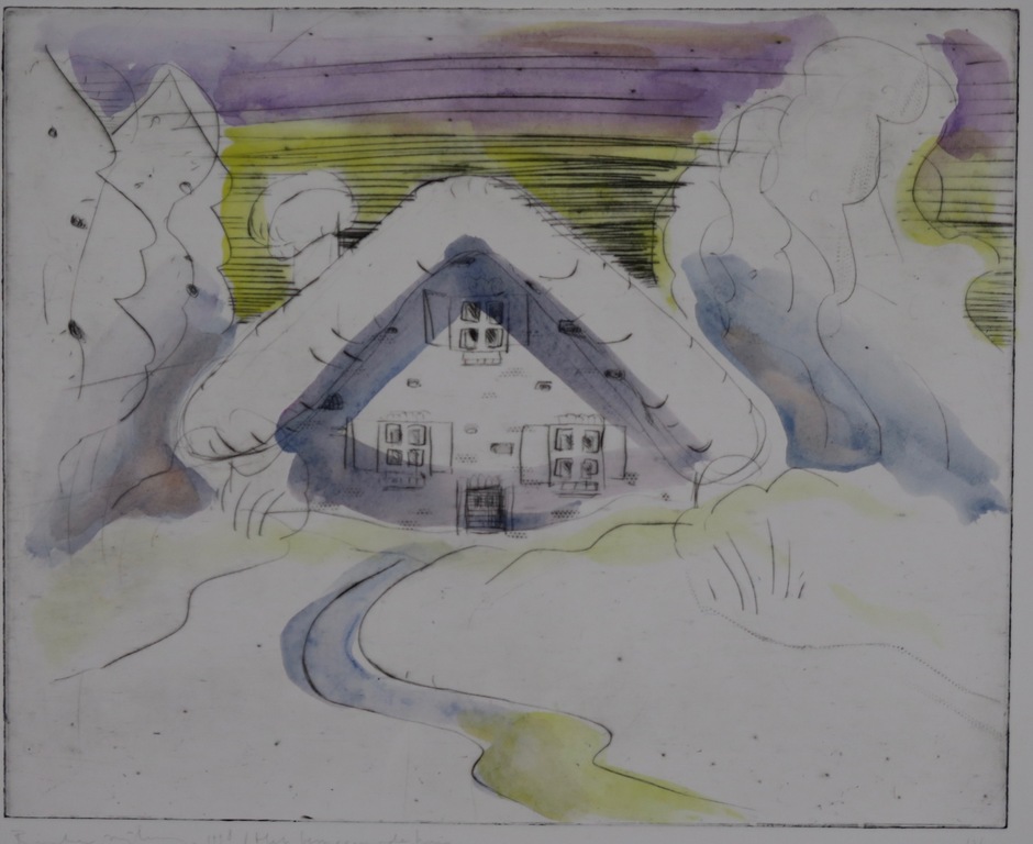 Rinke Nijburg: Handbeschilderde ets, Het besneeuwde huis verkocht voor € 35!