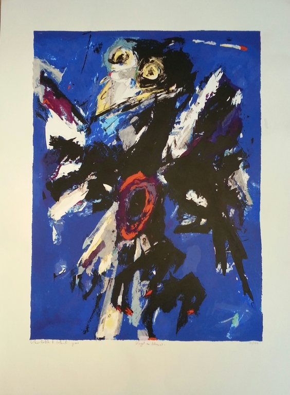 Charlotte Molenkamp, zeefdruk , titel " Vogel in blauw " verkocht voor € 60!