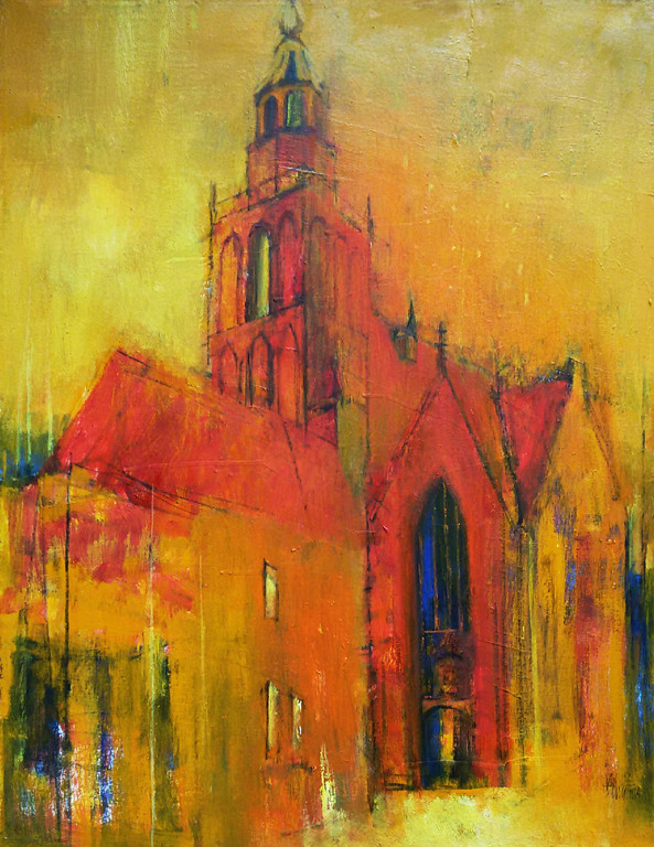 Vytautas Kaunas - St. Jans in Gouda, olieverf op doek (mooi ingelijst, groot) verkocht voor € 210!