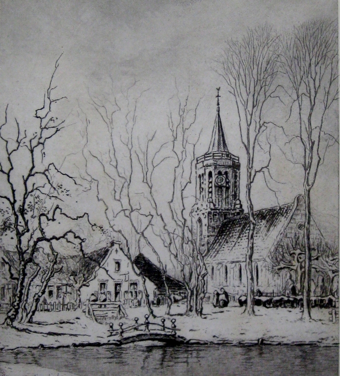 Toon de Jong (1879-1978) - ets Brink te Laren verkocht voor € 145!