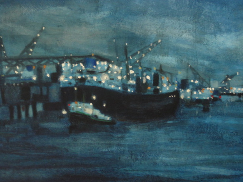 GROOT acrylverf op board schilderij "Haven van Rotterdam bij nacht" gesigneerd  kopen? Bied vanaf 1!