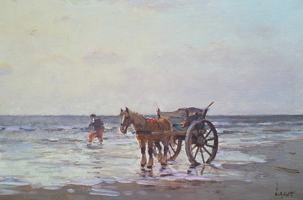 Arnout van Gilst - Schelpenvisser, olieverf op doek (ingelijst) verkocht voor € 100!