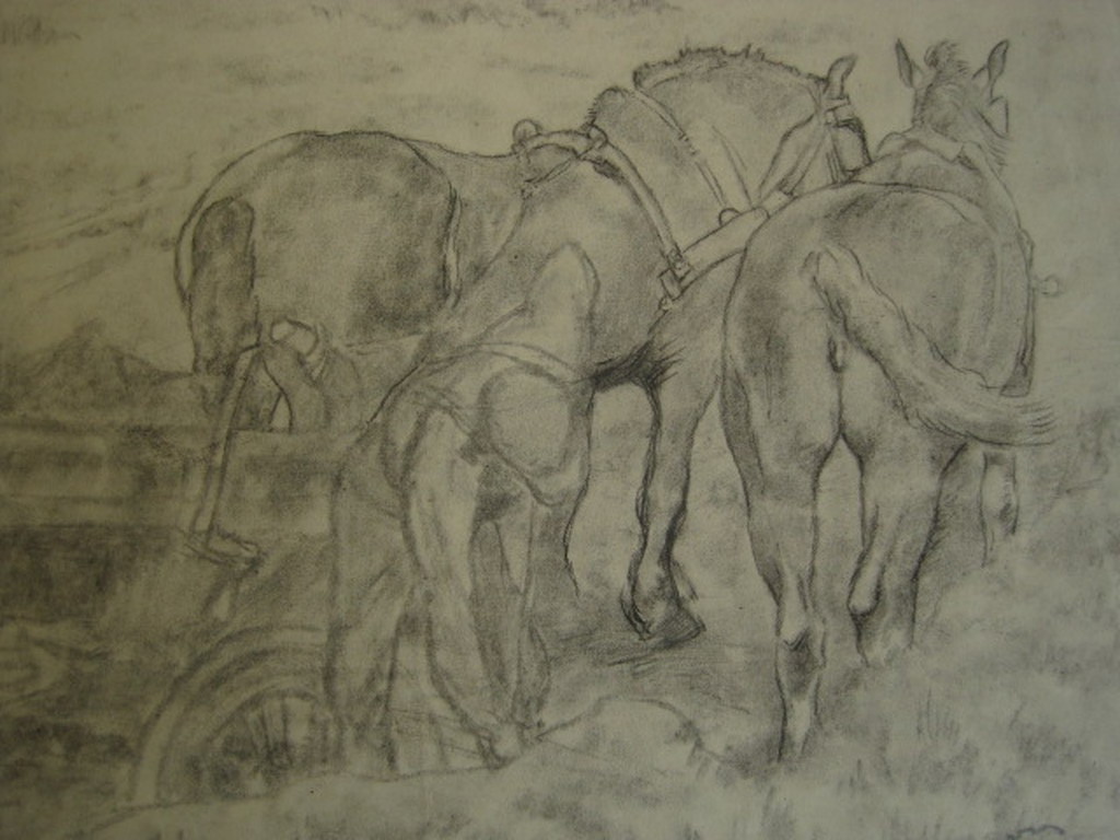 Larense School Frans Boers 1914-1987 tekening "boer en paarden" ca. 1950 kopen? Bied vanaf 1!