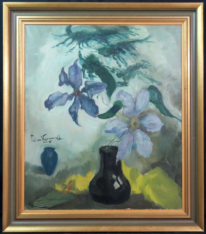 Piet van Wijngaerdt: Olieverf op doek, Paarse clematis - Ingelijst verkocht voor € 650!