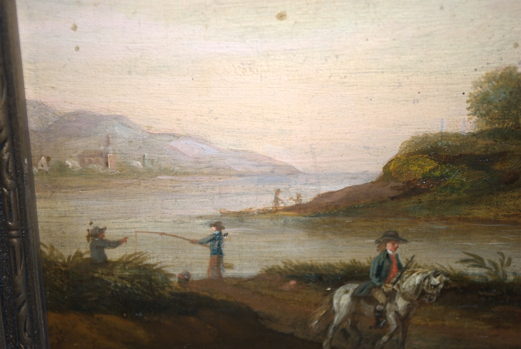 19e eeuws paneel waterlandschap met ruiter en vissers/olieverf/ingelijst kopen? Bied vanaf 75!