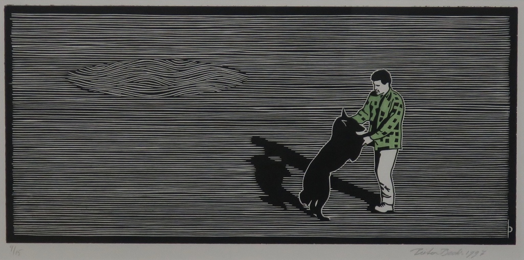 Pieter Becks: Houtsnede, Mijn hond en ik -Ingelijst kopen? Bied vanaf 35!