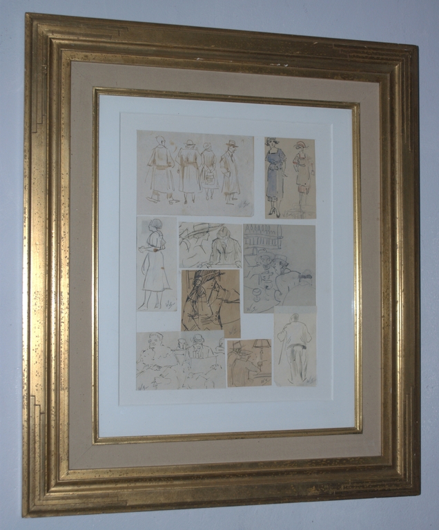 9 schetsen in potlood/pen/aquarel - allen met monogram - fraai ingelijst verkocht voor € 495!