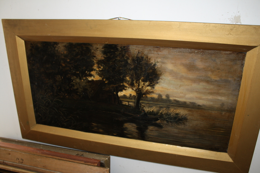 ZEER FRAAI OLIEVERF -  VISSER IN DE POLDER bij AVONDLICHT van KOUW grootformaat kopen? Bied vanaf 1!