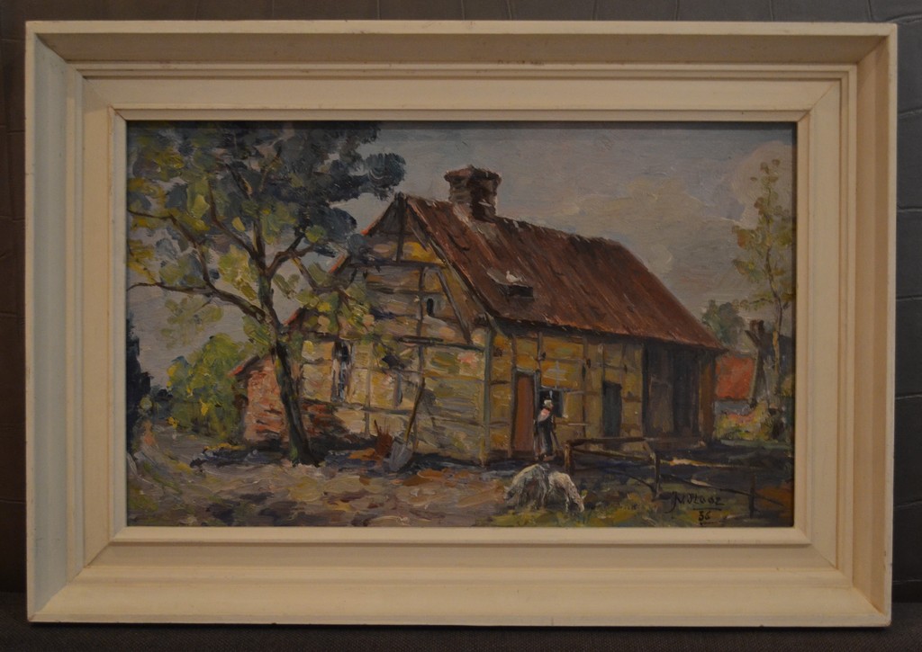 Onbekend (gesigneerd) - Olieverf op paneel - Boerderij, boerin en twee schaapjes kopen? Bied vanaf 1!