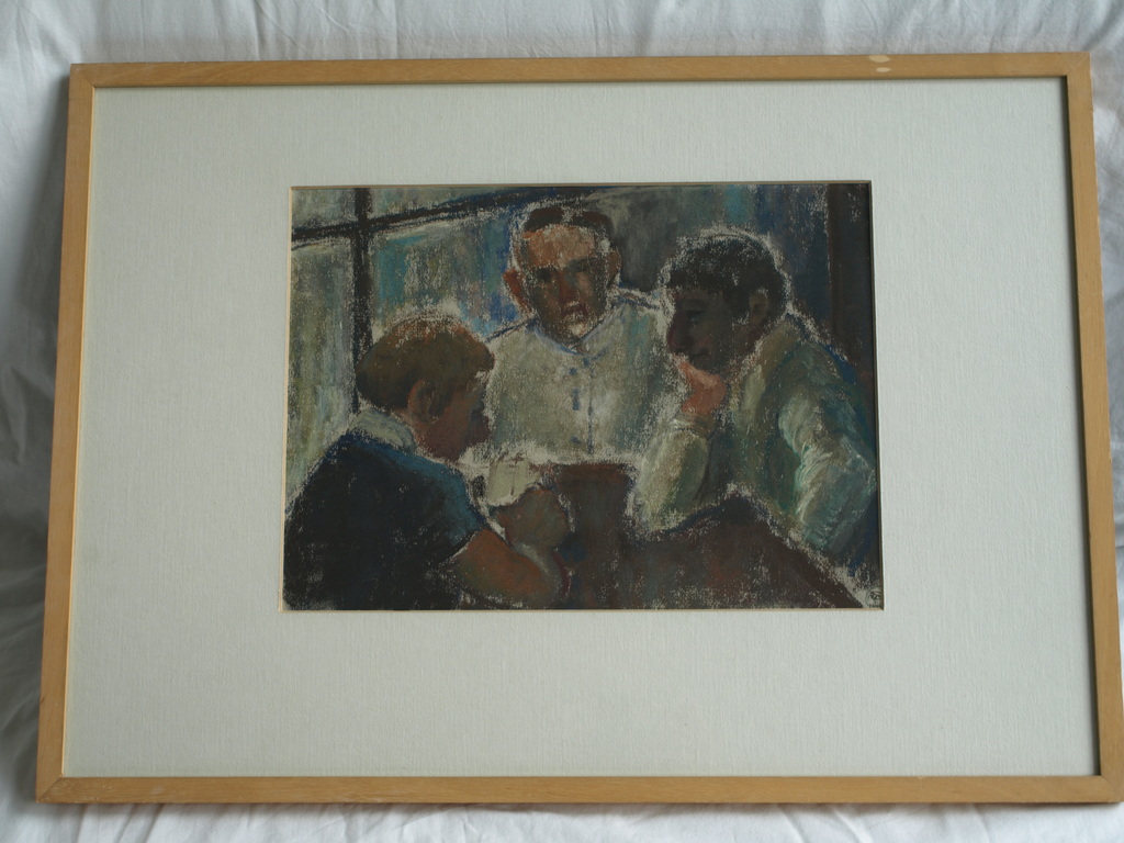Miriam Cobelens : Pastel – Het gesprek – gesigneerd & ingelijst – 1980  verkocht voor € 50!