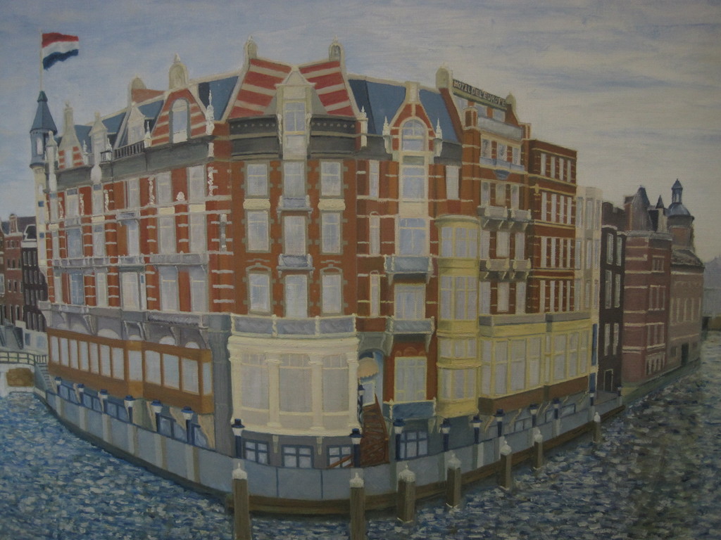 groot Stadsgezicht Amsterdam Hotel l'Europe aan de Amstel  olieverf 1994  kopen? Bied vanaf 1!