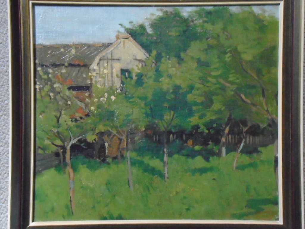 Geo Poggenbeek - olieverf - Boomgaard bij boerderij verkocht voor € 150!