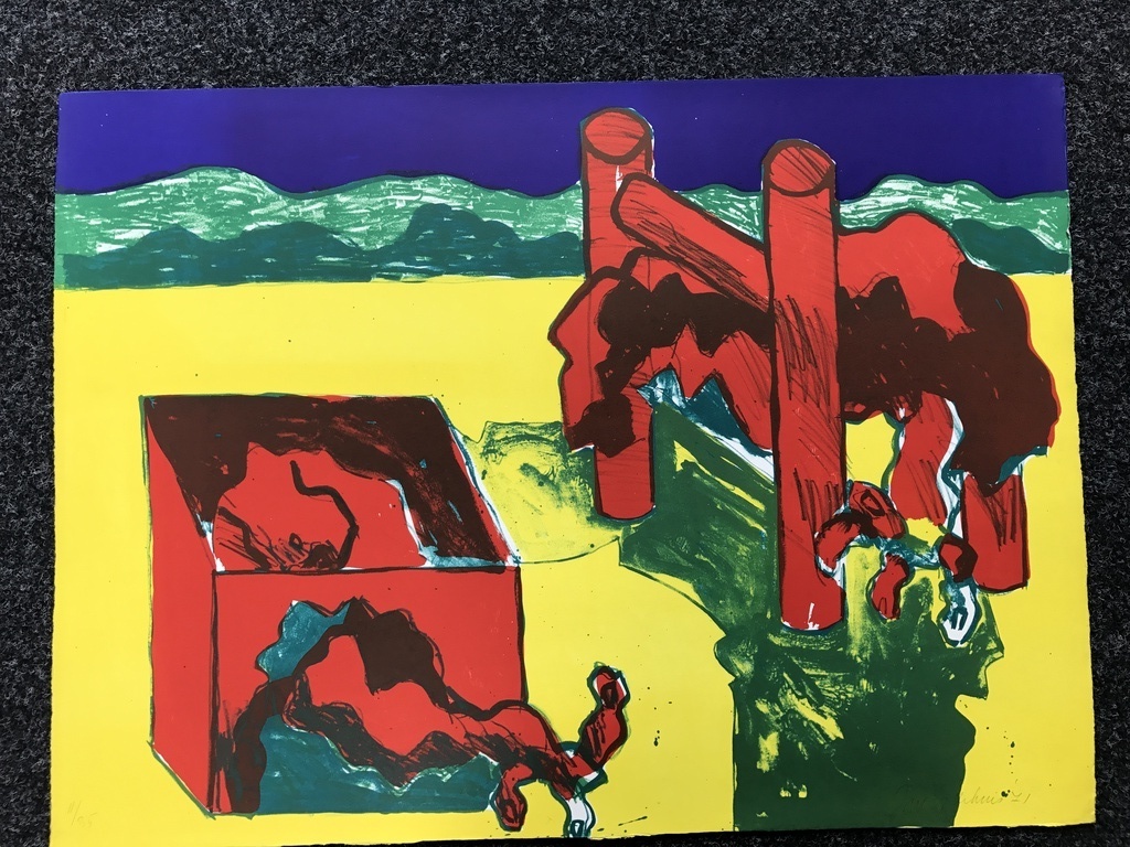 Jan Sierhuis Zeefdruk/Litho landschap met rode doos en stoel 1971 kopen? Bied vanaf 1!