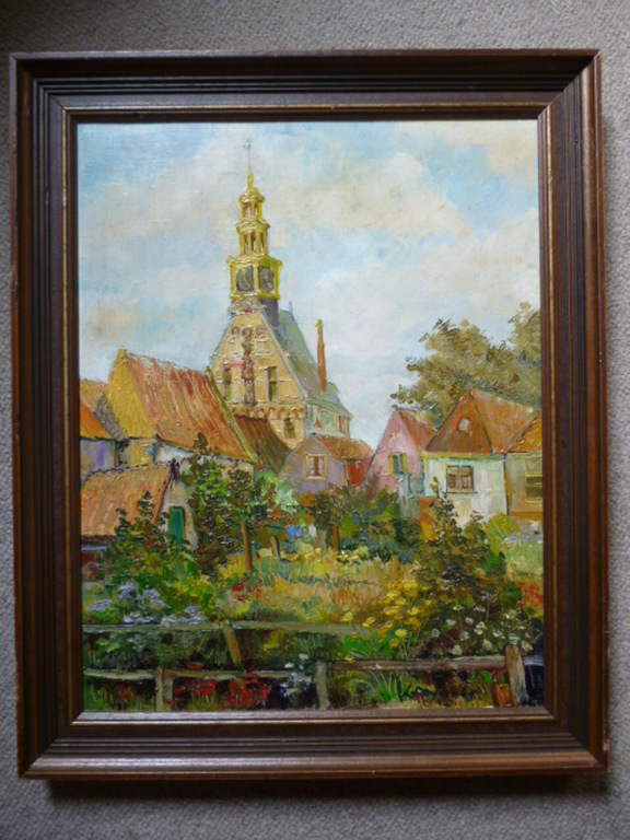 Klaas Ooyevaar - olieverf - Stadsgezicht Hoorn met Hoofdtoren kopen? Bied vanaf 180!