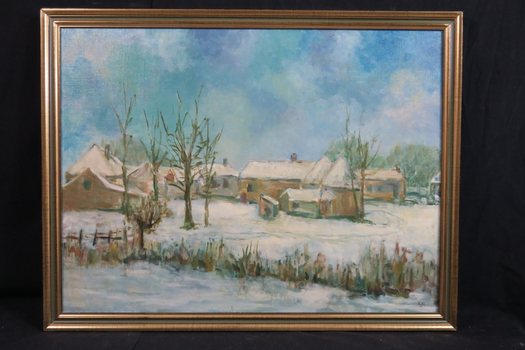 Herman Lievers: Olieverf op doek, Drents dorp in de winter - Ingelijst kopen? Bied vanaf 1!