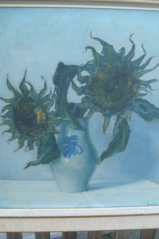 Willem Hussem, stilleven, Zonnebloemen, olieverf op paneel, r.o. gesigneerd. verkocht voor € 270!