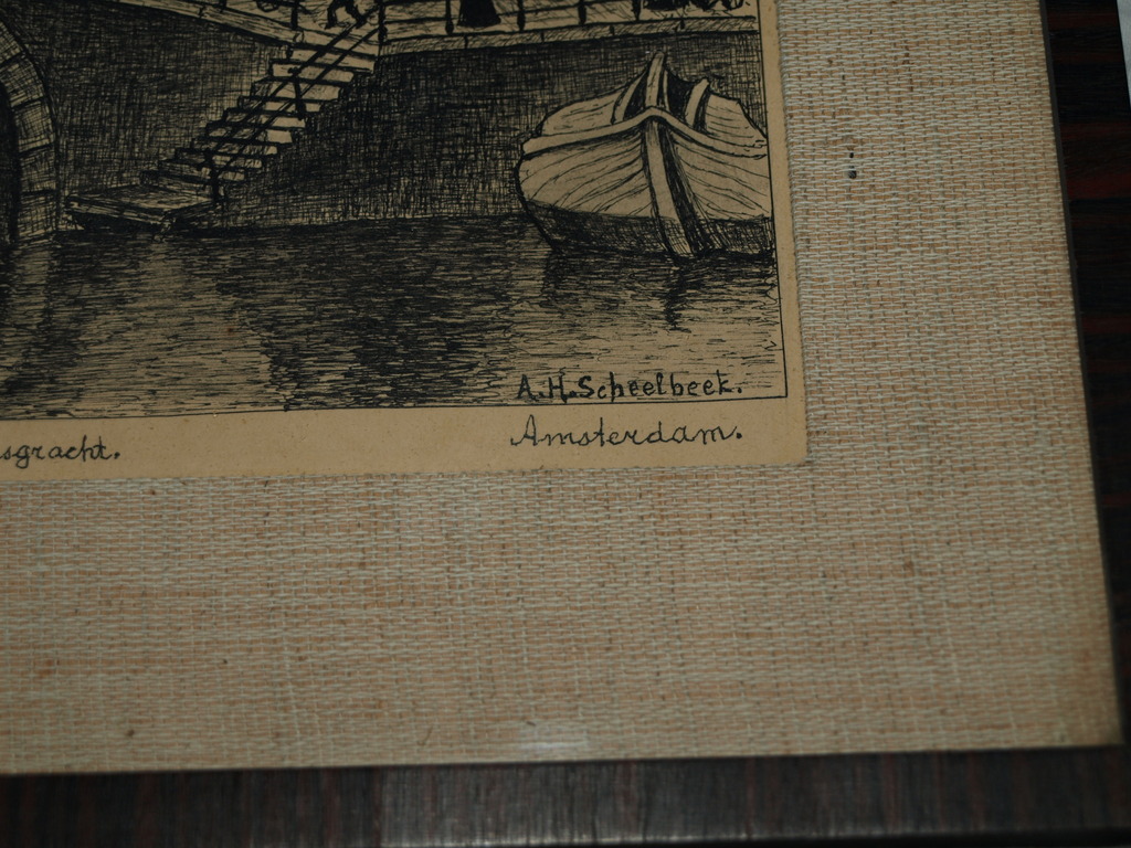A.H. Scheeland – Pentekening, Prinsengracht Amsterdam–Gesigneerd & ingelijst-Oud kopen? Bied vanaf 30!