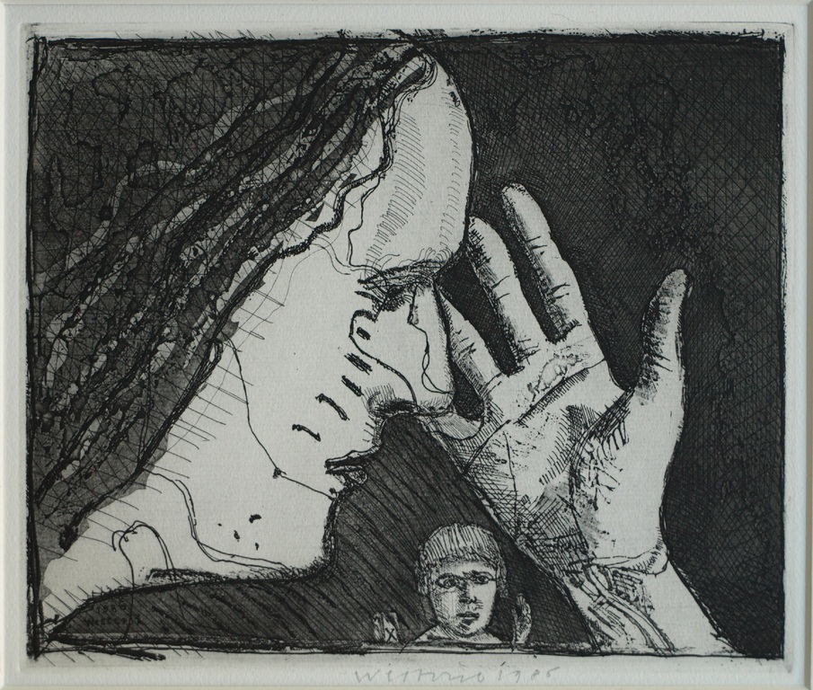 Co Westerik : Ets – Vrouw, kind, hand – gesigneerd – 1986  verkocht voor € 190!