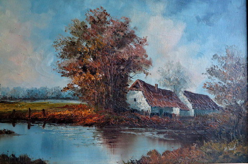 Groot schilderij onduidelijke signatuur-gelijst olieverf/doek - Polderlandschap  kopen? Bied vanaf 1!