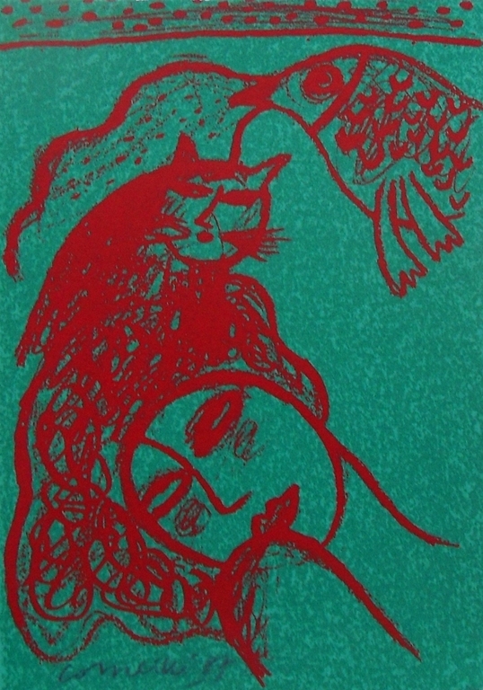 Corneille: vrouw,kat en vogel in rood en groen kopen? Bied vanaf 1!