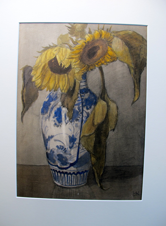 aquarel van zonnebloemen in blauwe vaas. handgesigneerd: DK (Dick Ket??) kopen? Bied vanaf 1!