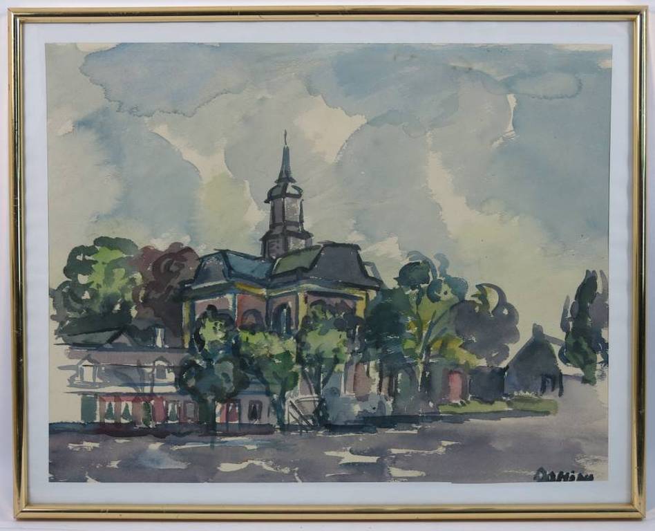 Jeanne Bieruma Oosting: Aquarel, Stadsgezicht met kerktoren - Ingelijst kopen? Bied vanaf 250!