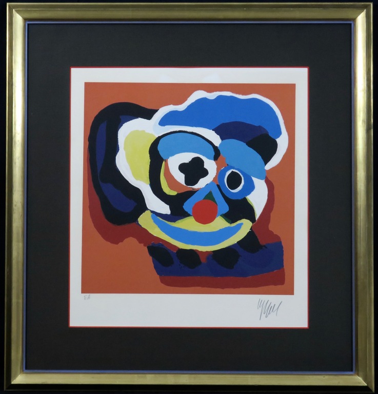 Karel Appel: Zeefdruk, Clowntje - Mooi Ingelijst (Groot!) verkocht voor € 1200!