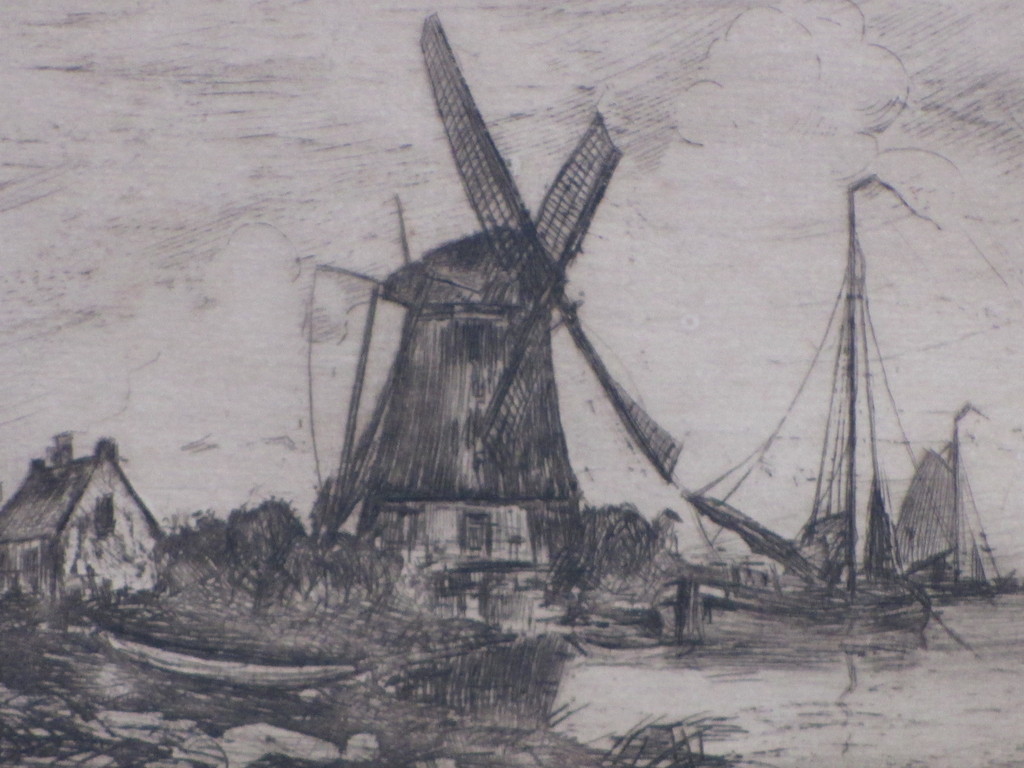 A.J.Oudshoorn, Waterlandschap met molen en zeilschip, Ets kopen? Bied vanaf 1!