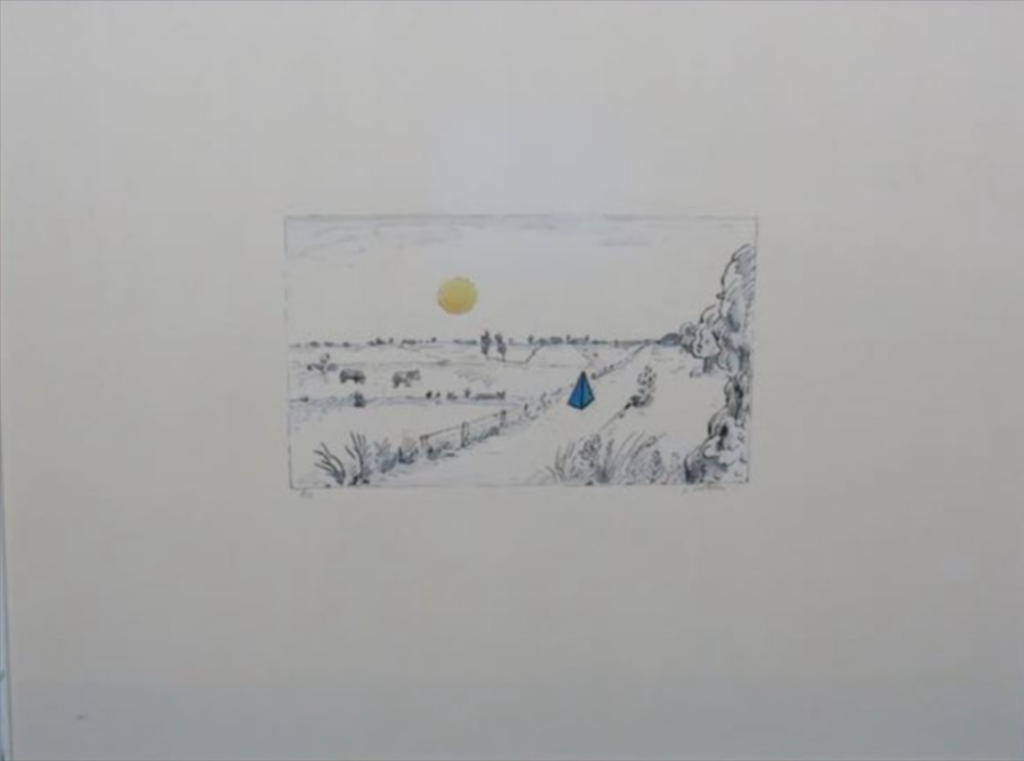 Pieter Holstein: Handgekleurde ets, Landschap met blauwe piramide kopen? Bied vanaf 1!