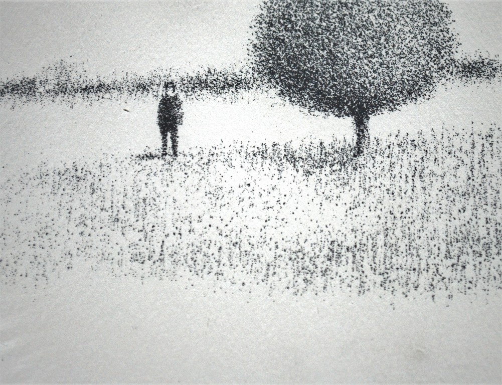 Man tussen twee bomen als een tijdloos landschap...litho 1977 kopen? Bied vanaf 50!