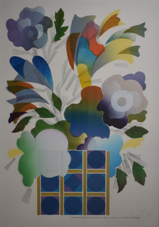 Frans de Jong , kleuren litho, bloemenvaas verkocht voor € 50!