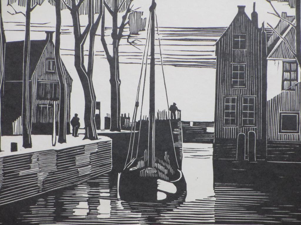 Nico van der Jagt, Hollandse waterscene, Linosnede kopen? Bied vanaf 40!