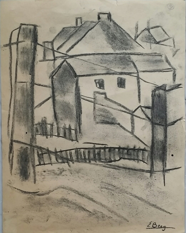 Else Berg - Else Berg - Houtskool op papier - huisjes in landschap kopen? Bied vanaf 325!