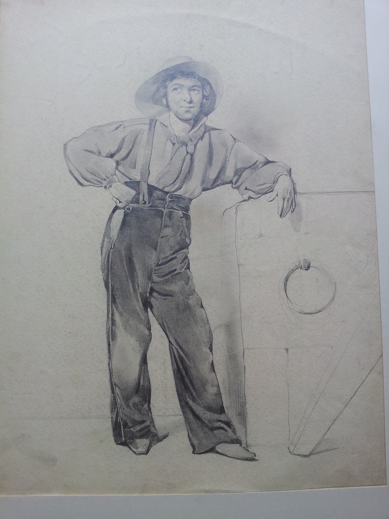 Niet of onleesbaar gesigneerd - Poserende jongeman tekening ,achterop het werk staat met potlood Schotel verkocht voor € 50!