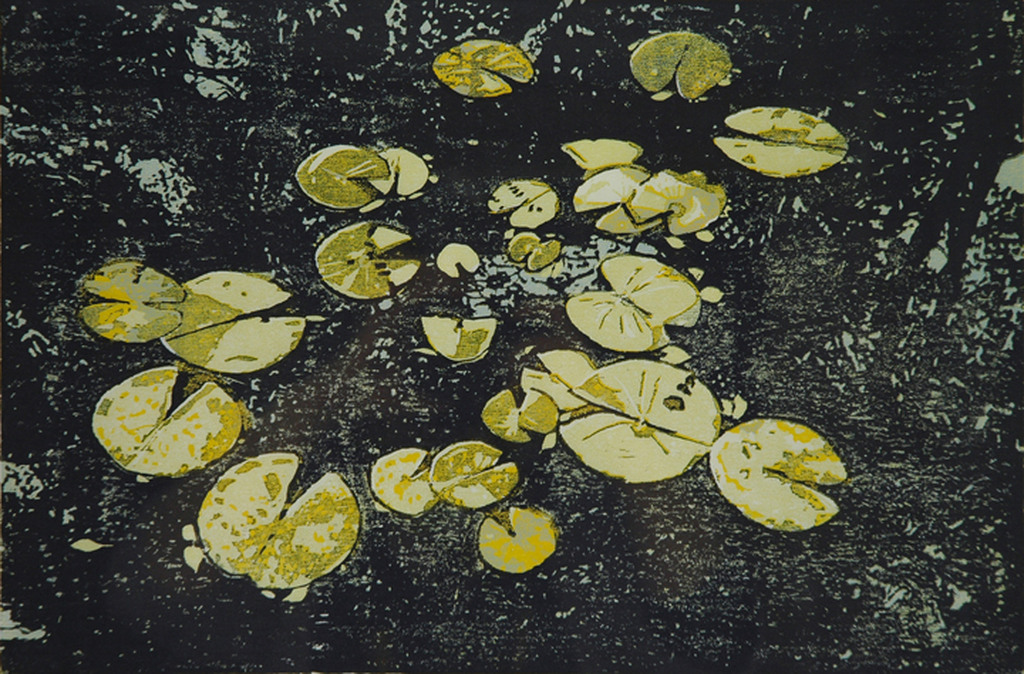 Dianne Bakker: Vijver met waterlelies - houtsnede, 1986 verkocht voor € 180!