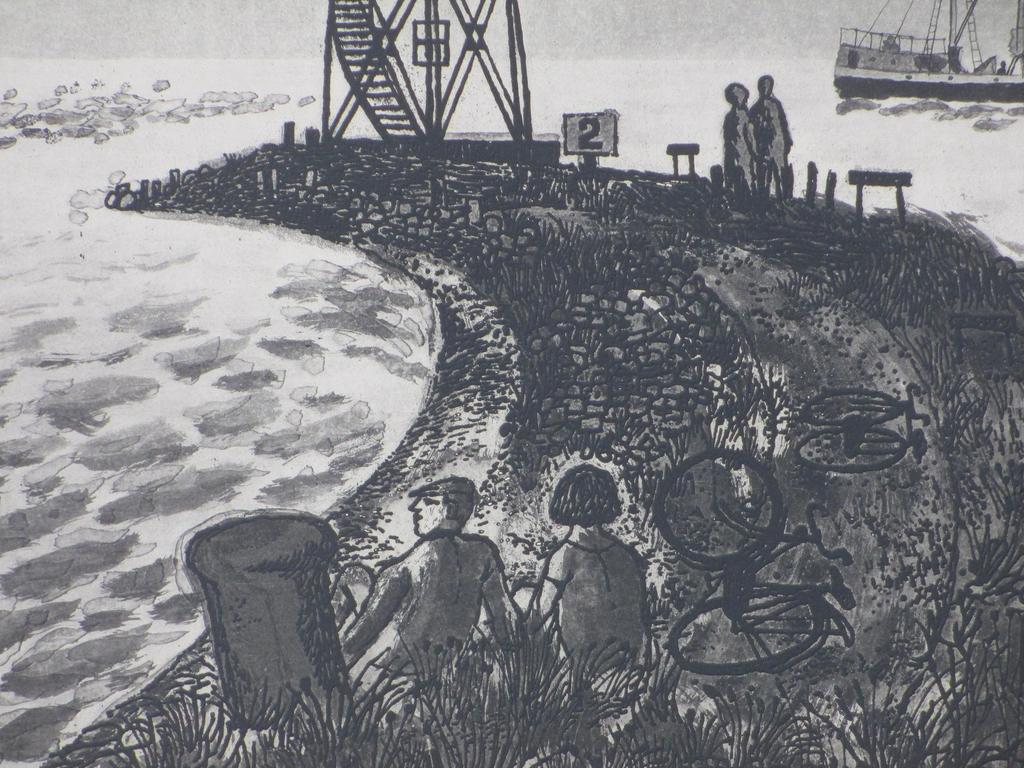 Herman Berserik, Pier met vuurtoren, figuren en stoomboot, Ets 1961 kopen? Bied vanaf 100!