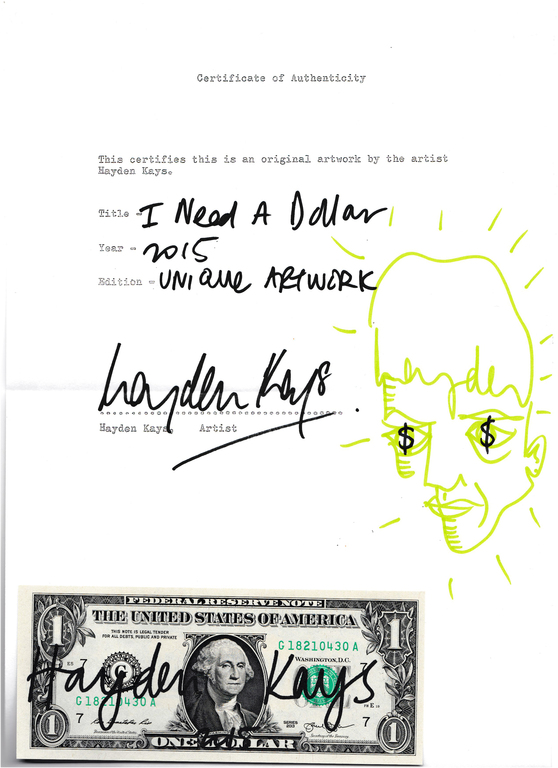 Hayden Kays, I Need A Dollar, origineel op dollar biljet - gesign. - COA - 2015 kopen? Bied vanaf 1!