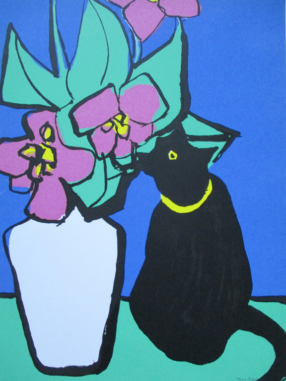 Onbekend, zeefdruk, poes met bloemen kopen? Bied vanaf 20!