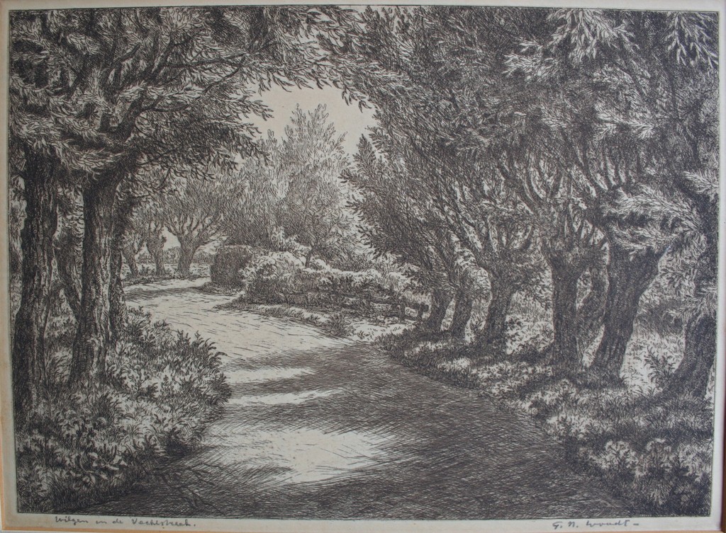 Gerrit Nicolaas Woudt (1911-1983), ets, wilgen in de vechtstreek, gesigneerd verkocht voor € 40!