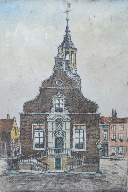 Schiedam, het stadhuis, handgekleurde gesigneerde ets kopen? Bied vanaf 10!