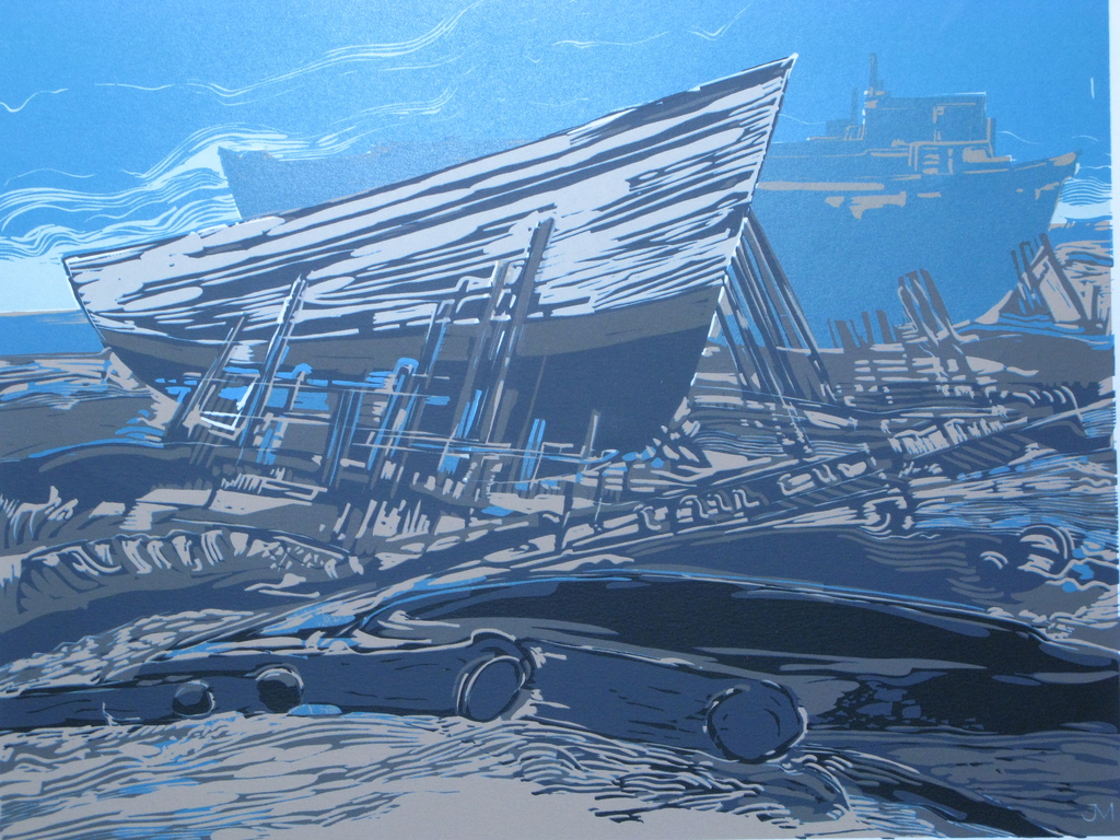 Jan C.A.Michielsen, Scheepswerf, Linoleum druk, gesigneerd, gedateerd. kopen? Bied vanaf 1!