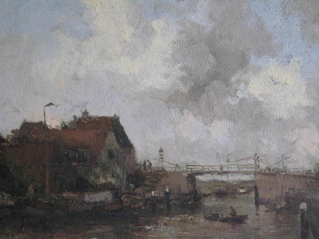 W.G.F Jansen,  op doek geschilderde afbeelding van bootje bij brug.  kopen? Bied vanaf 1750!