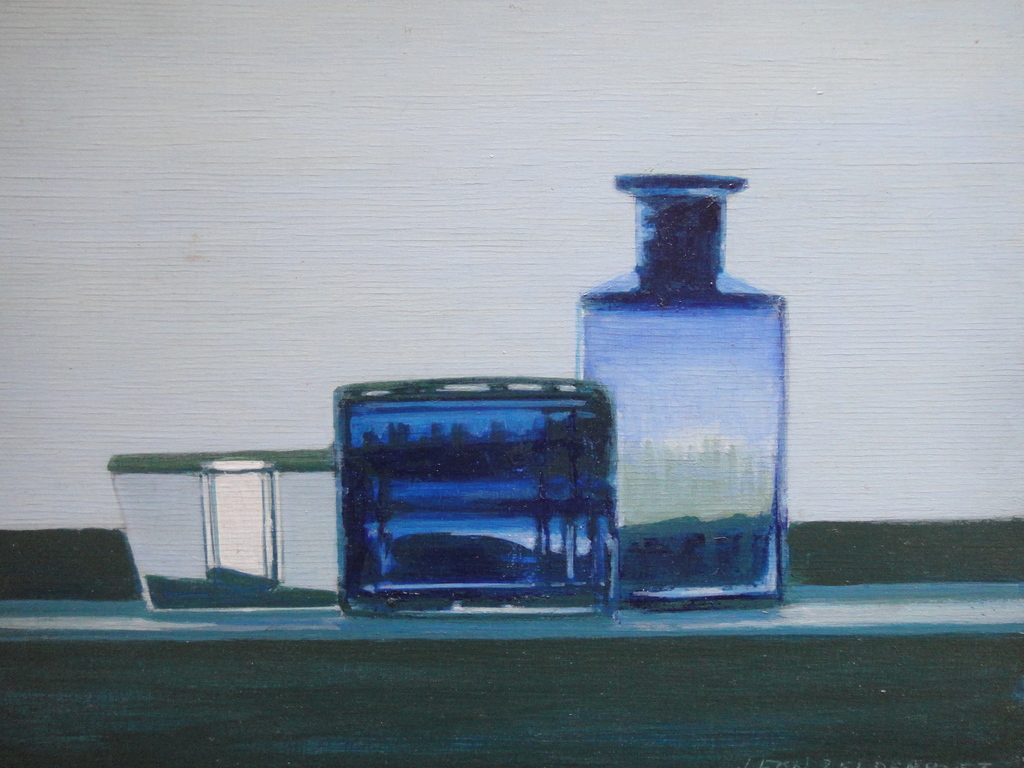 Leon Zeldenrust, acrylverf op paneel, stilleven met de titel 'glas in blauw'. verkocht voor € 125!