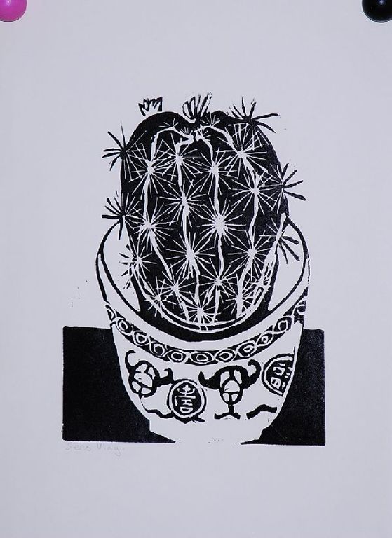 Sees Vlag: Linosnede (of Houtsnede). Cactus in pot verkocht voor € 35!