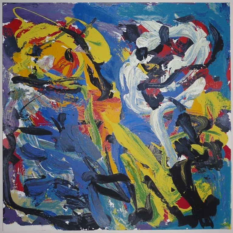 Karel Appel, Kleurenzeefdruk,Titel: Spelend in het blauw kopen? Bied vanaf 175!
