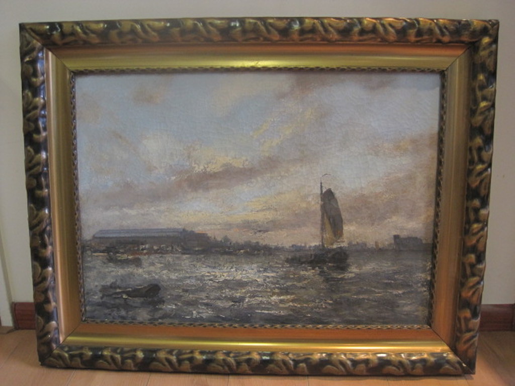 Corn de Bruin 1870-1940 Amsterdam avond op "het IJ" met Centraal Station ca.1910 verkocht voor € 139!