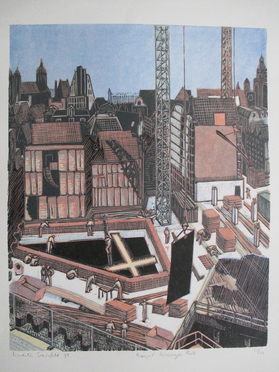 Wendelien Schönfeld, kleurenhoutsnede, Bouwput Nieuwezijdskolk 1993 kopen? Bied vanaf 100!