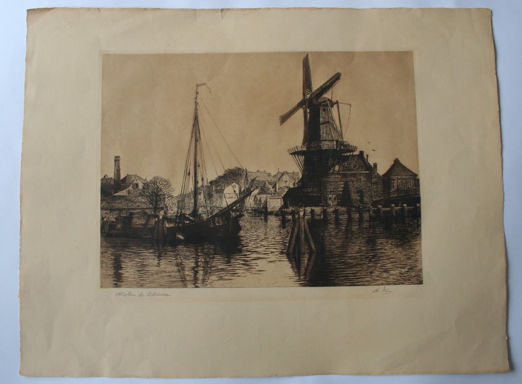 W.A.  de Wijn, ets molen de Adriaan Haarlem, gesigneerd  kopen? Bied vanaf 25!
